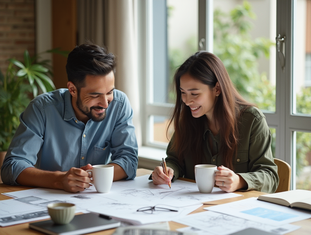 Kiến trúc sư cùng gia chủ trò chuyện và trao đổi ý tưởng thiết kế trong không gian thân thiện, đầy ánh sáng.