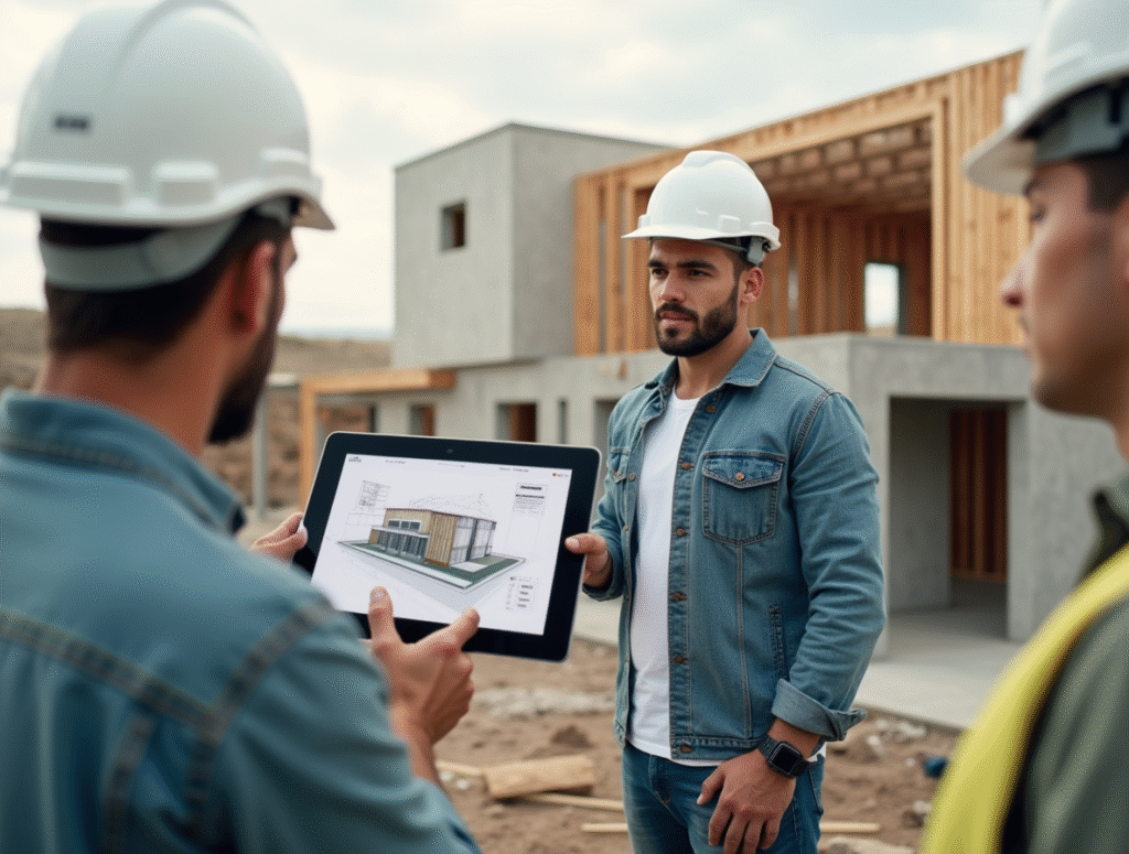 Cảnh thực tế thi công nhà ở với kiến trúc sư giám sát tiến độ và đối chiếu với mô hình 3D ban đầu.